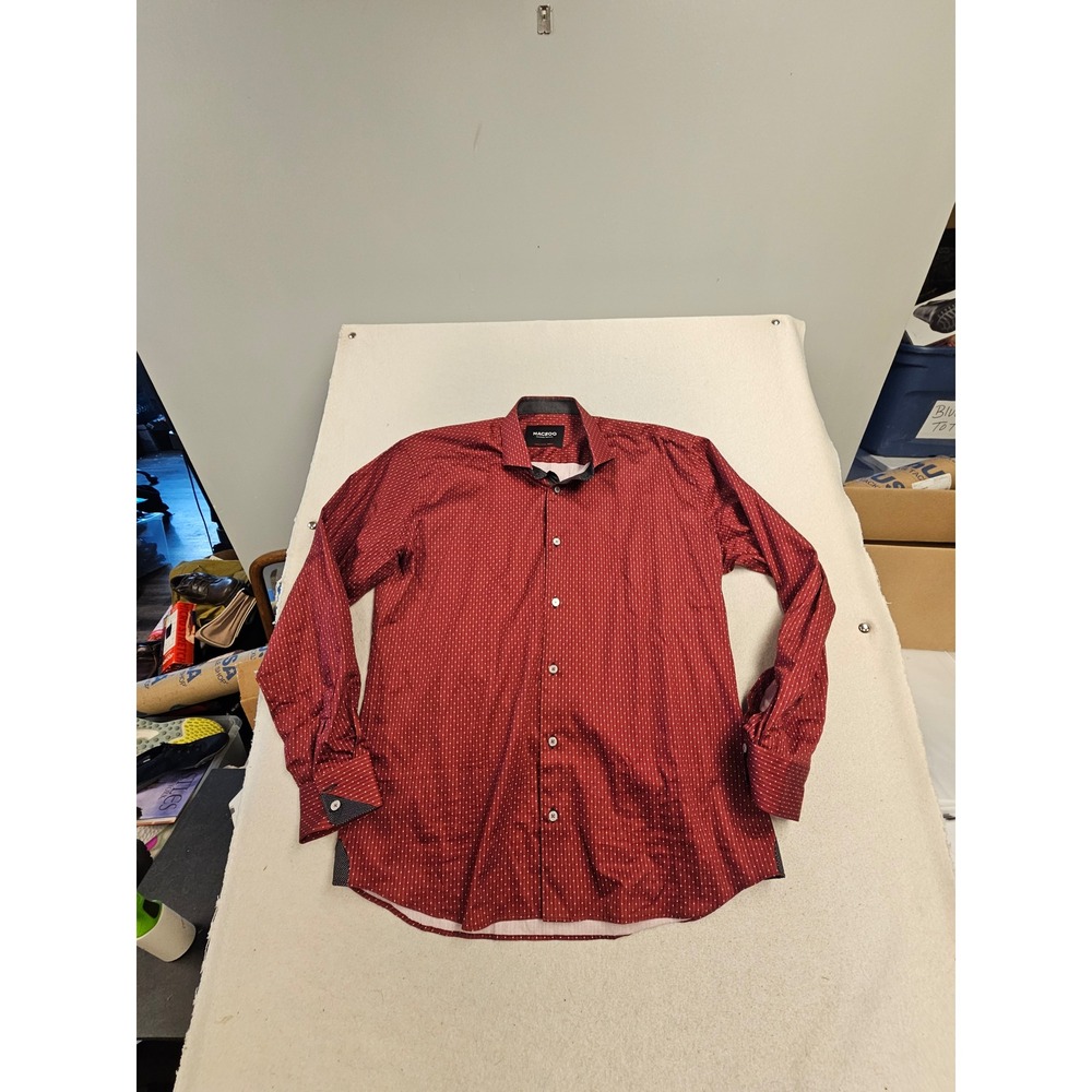 Maceoo Einstein Dotline Red Button Down Shirt Mens XL Italian Digital Fabric